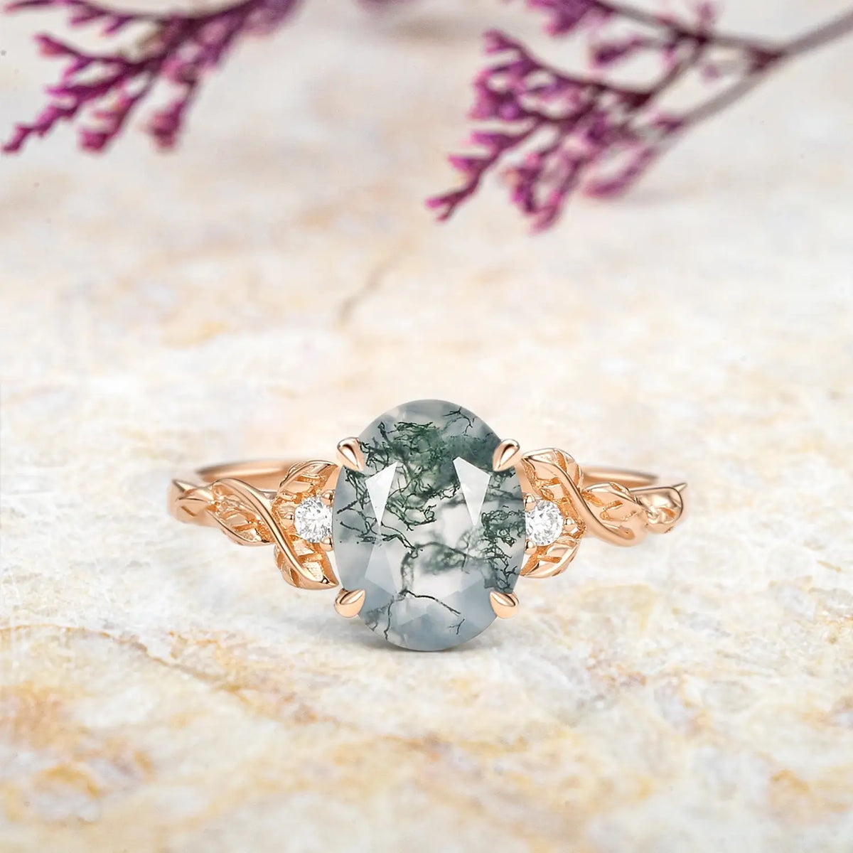 Oval Cut Moss Agate Leaf Engagement Rings - Elysian Prosperity Ring for ladies gift-rose gold 18K