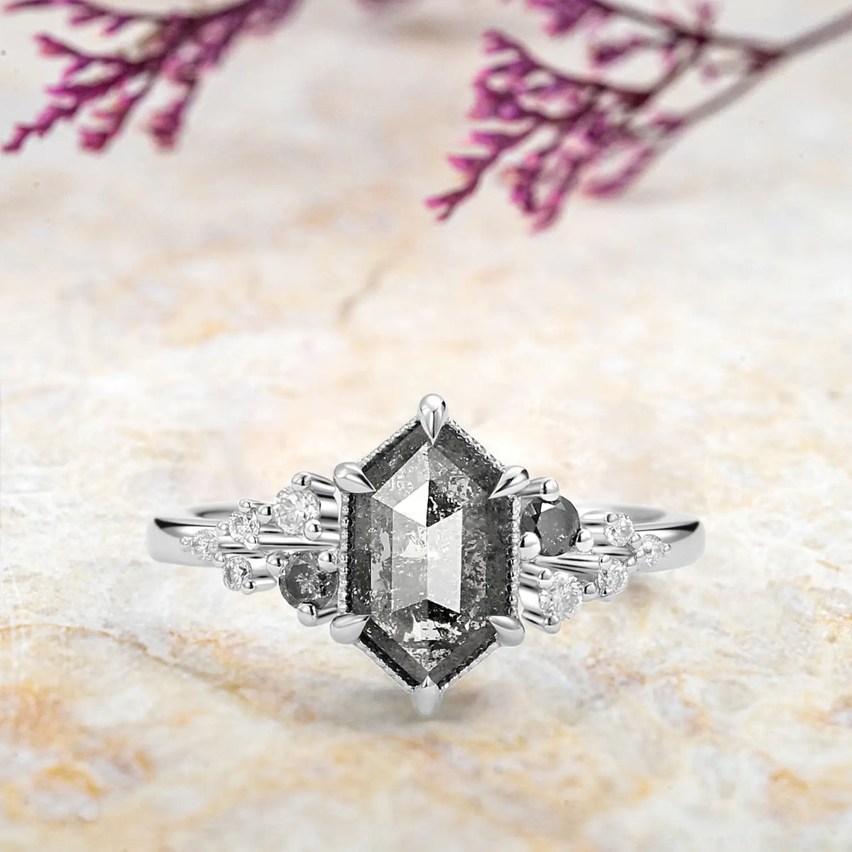 handmade custom Long Hexagon Salt and Pepper Diamonds Stacking Engagement Rings - Cluster Rings