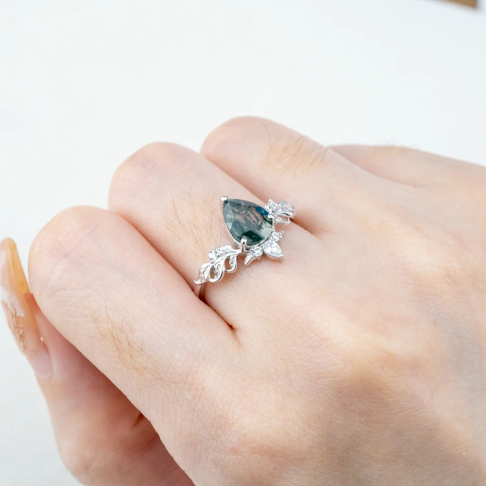 Ink Blossom Pear Moss Agate Ring – Custom White Gold Leaf Engagement Rings