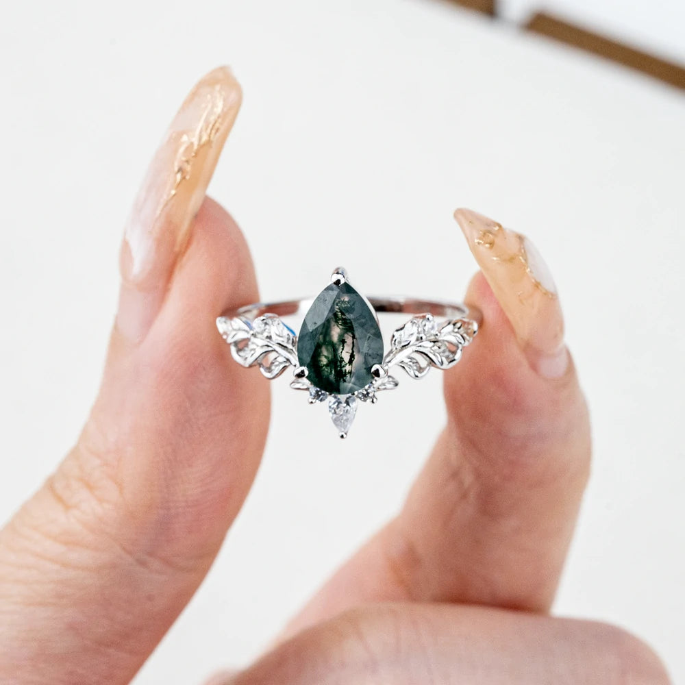 Ink Blossom Pear Moss Agate Ring – Custom White Gold Leaf Engagement Rings