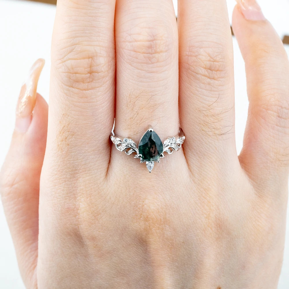 Ink Blossom Pear Moss Agate Ring – Custom White Gold Leaf Engagement Rings