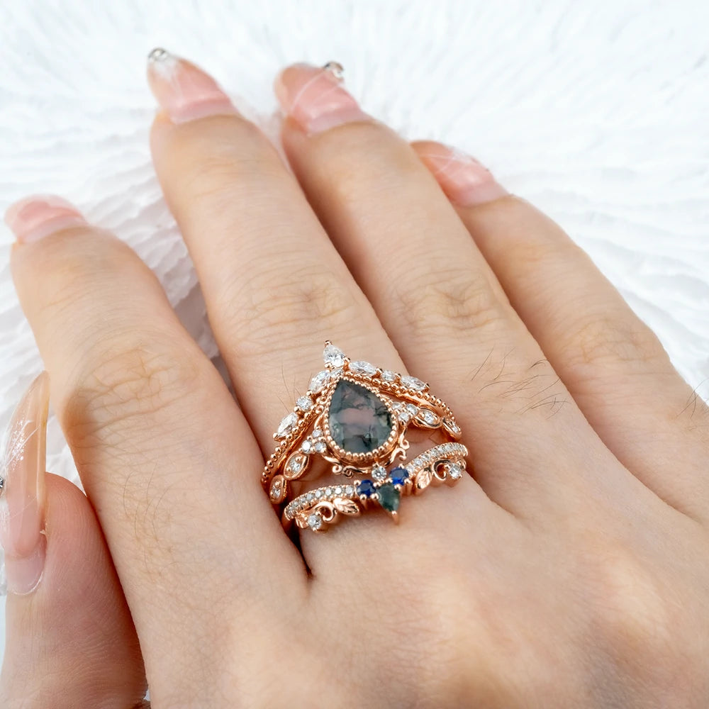 Luxurious Vintage Moss Agate Engagement Ring Set 3pcs Pear Cut Unique Rings - Trio Ring Sets Orleone for women gift