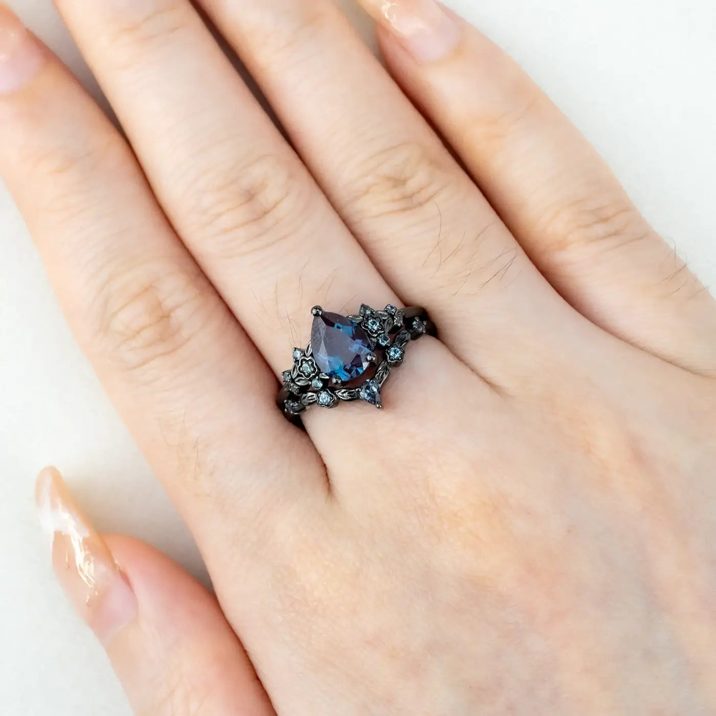 Black Gold Floral Alexandrite Ring Set – Unique Rhodium Black Bridal Artistic Jewelry Gothic Rings  for women gift