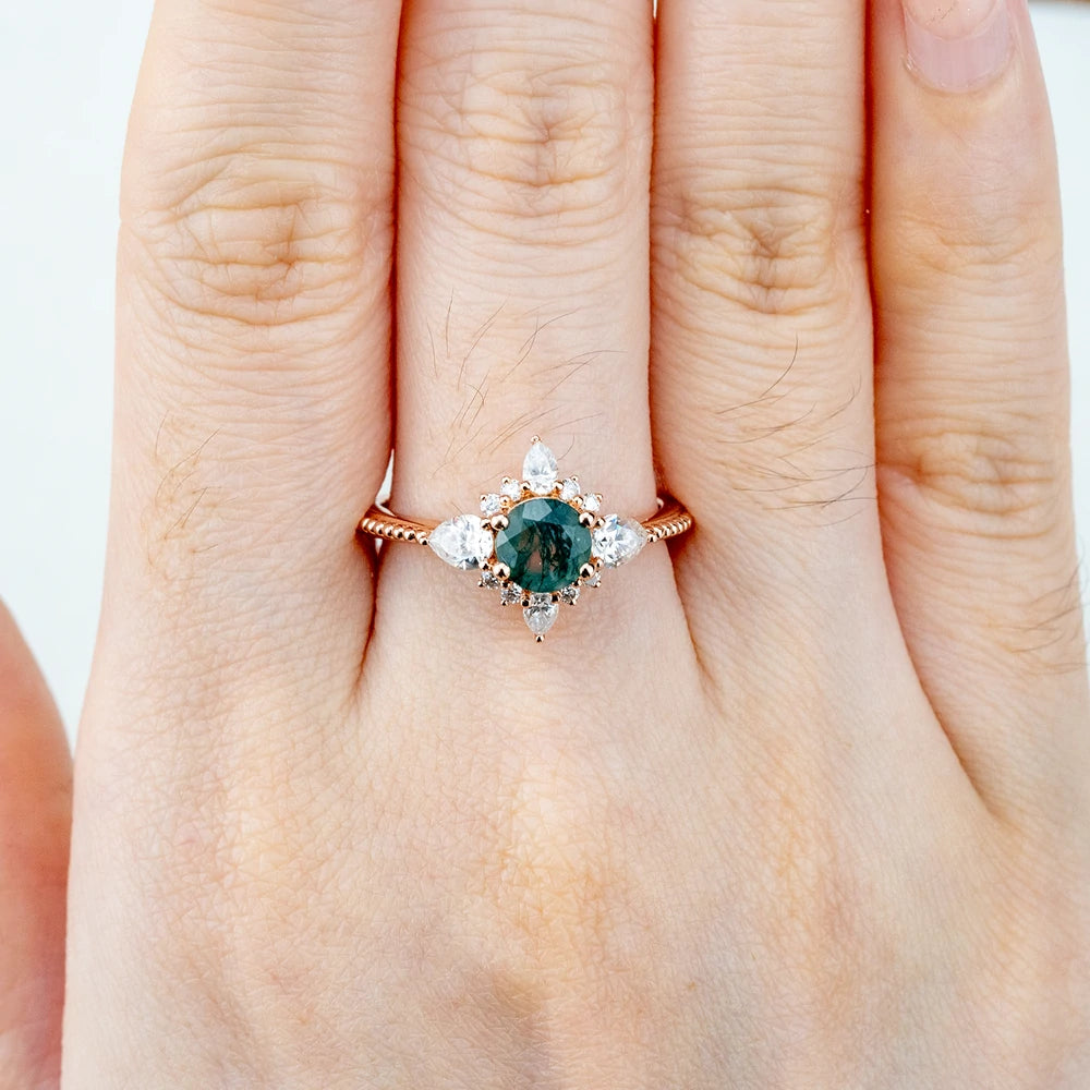 Round Moss Agate Rings Halo Ring - Unique Wedding & Anniversary Gift