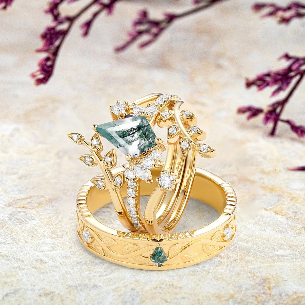Moss Agate Couple Ring Set 4pcs – Custom Nature-Inspired Leaf Rings women&men wedding ring anniversary rings