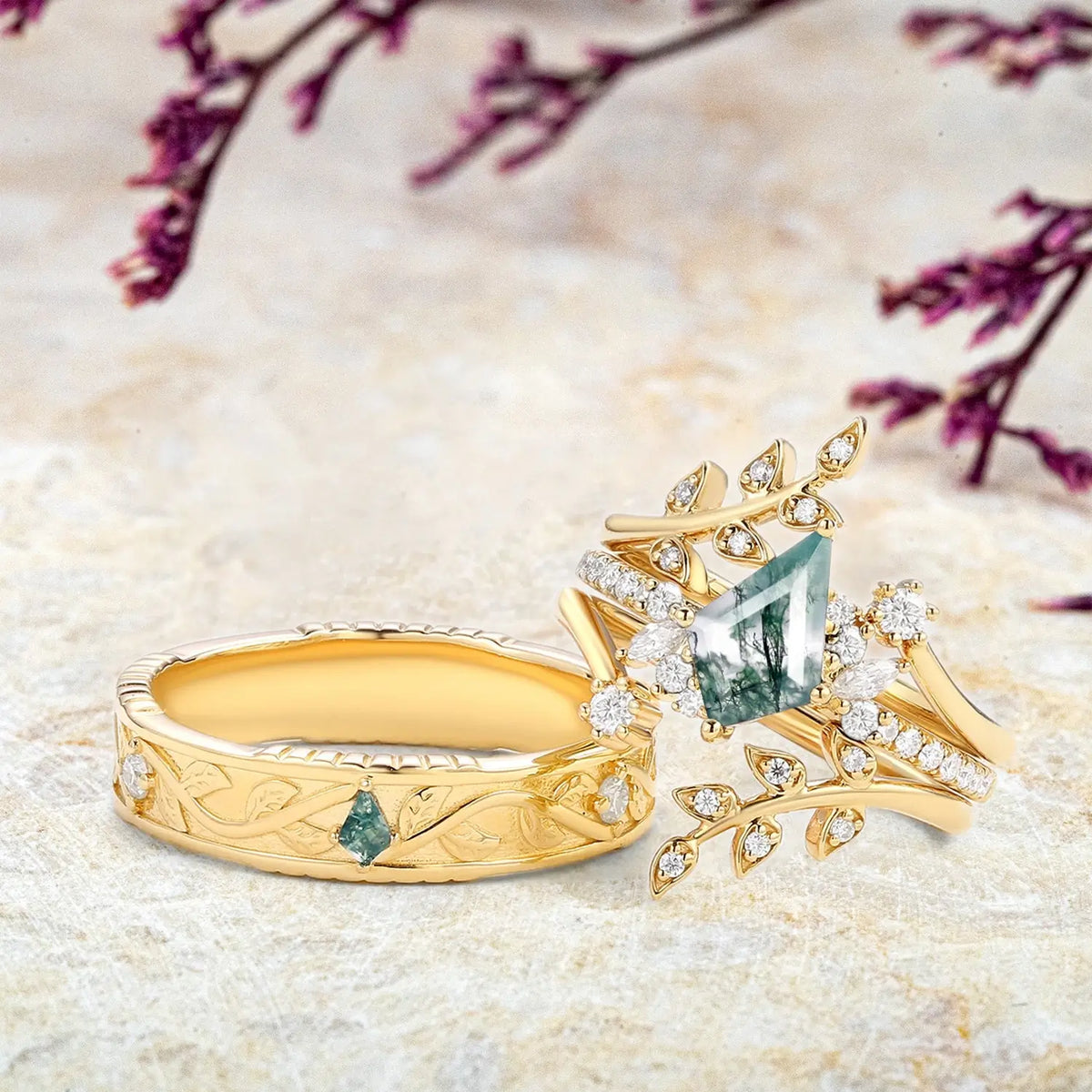 Moss Agate Couple Ring Set 4pcs – Custom Nature-Inspired Leaf Rings women&men wedding ring anniversary rings