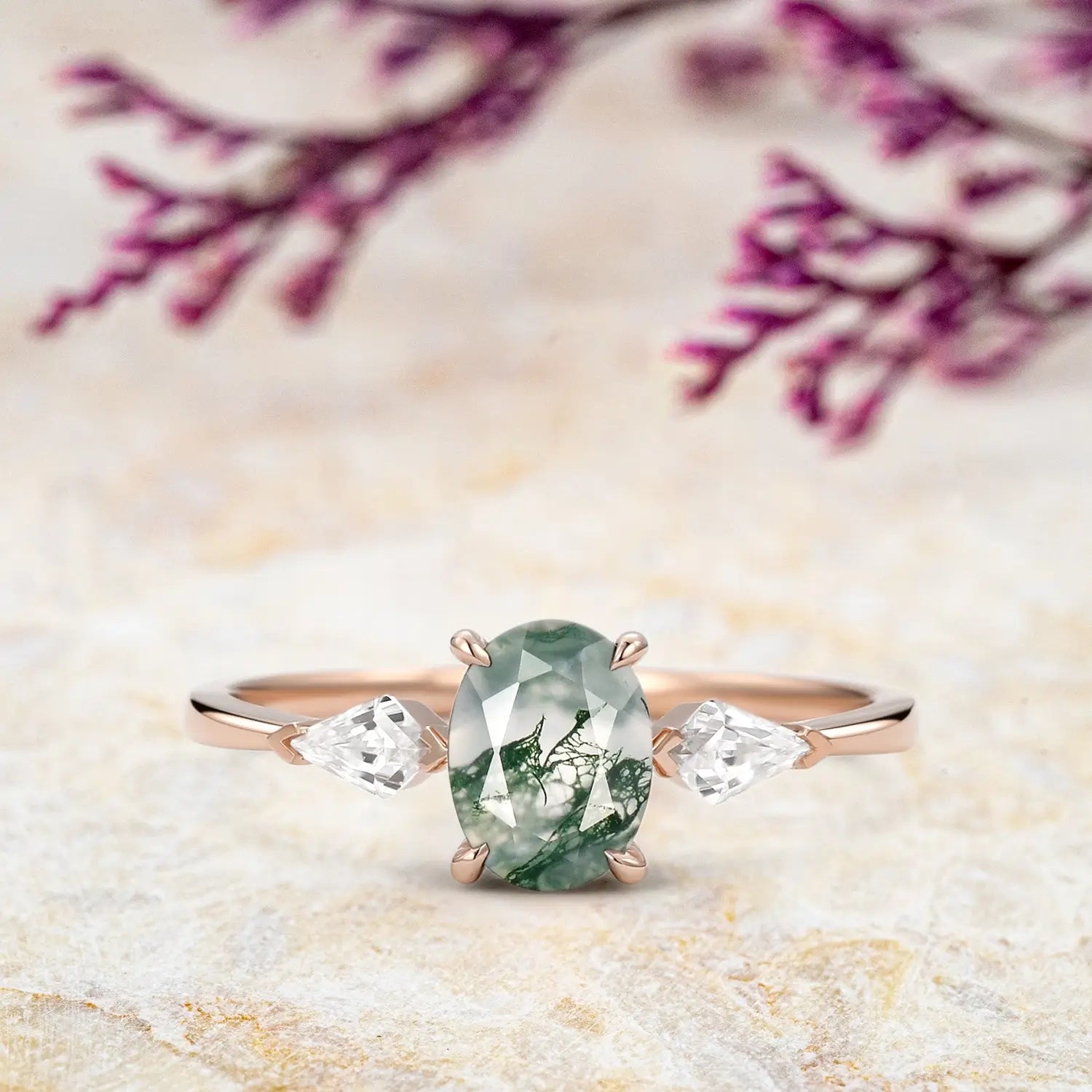 Classic Oval Moss Agate Engagement Ring - Three Stone Rings Rose gold promise jewelry gift
