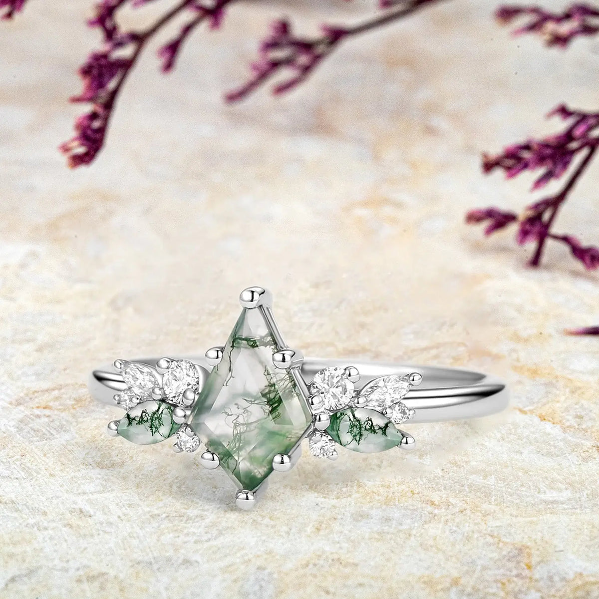 Whispering Willow – Kite Cut Moss Agate Engagement Ring - White Gold jewelry for women promise gift