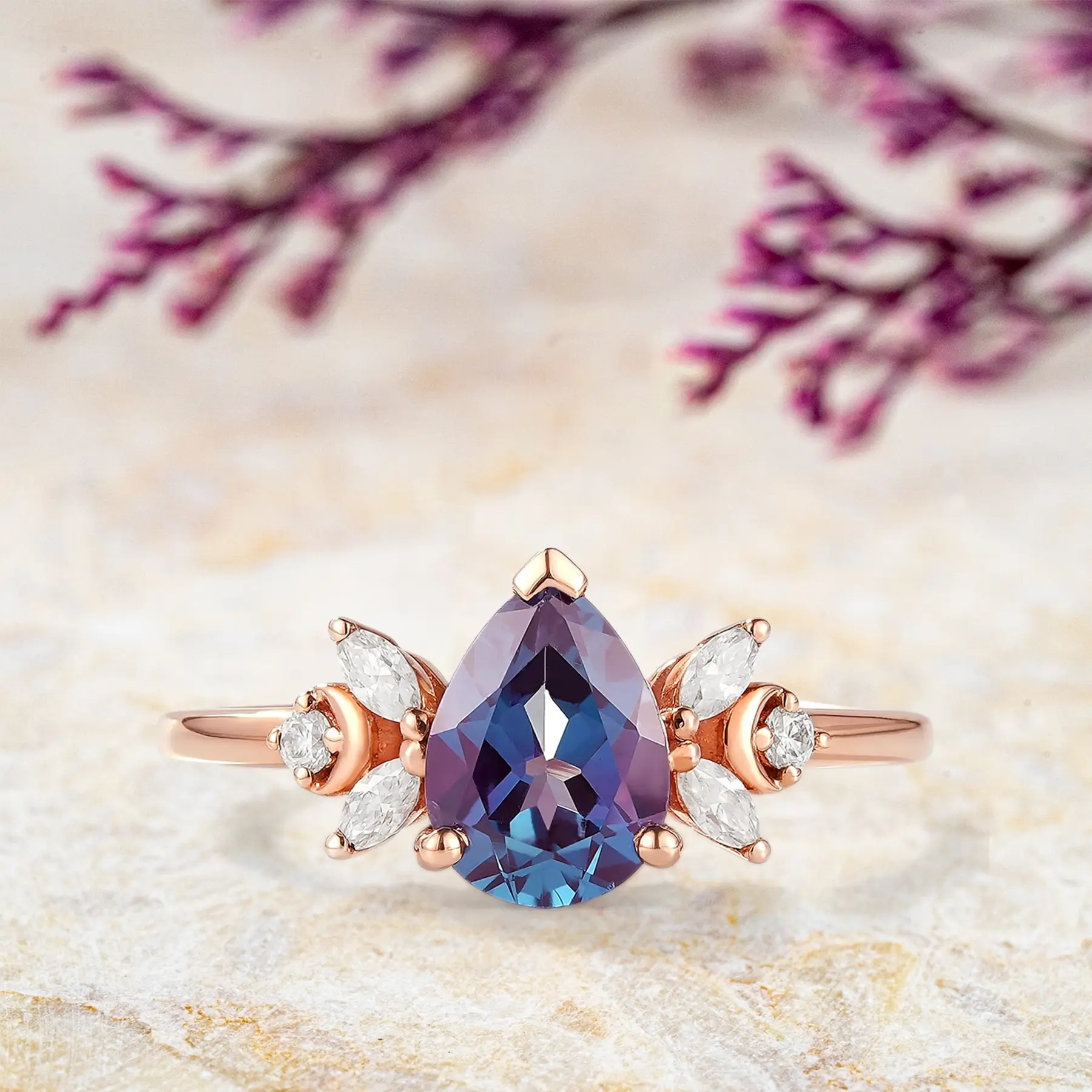 Celestia – Alexandrite and Moissanite Cluster Ring – June Birthstone | orleone