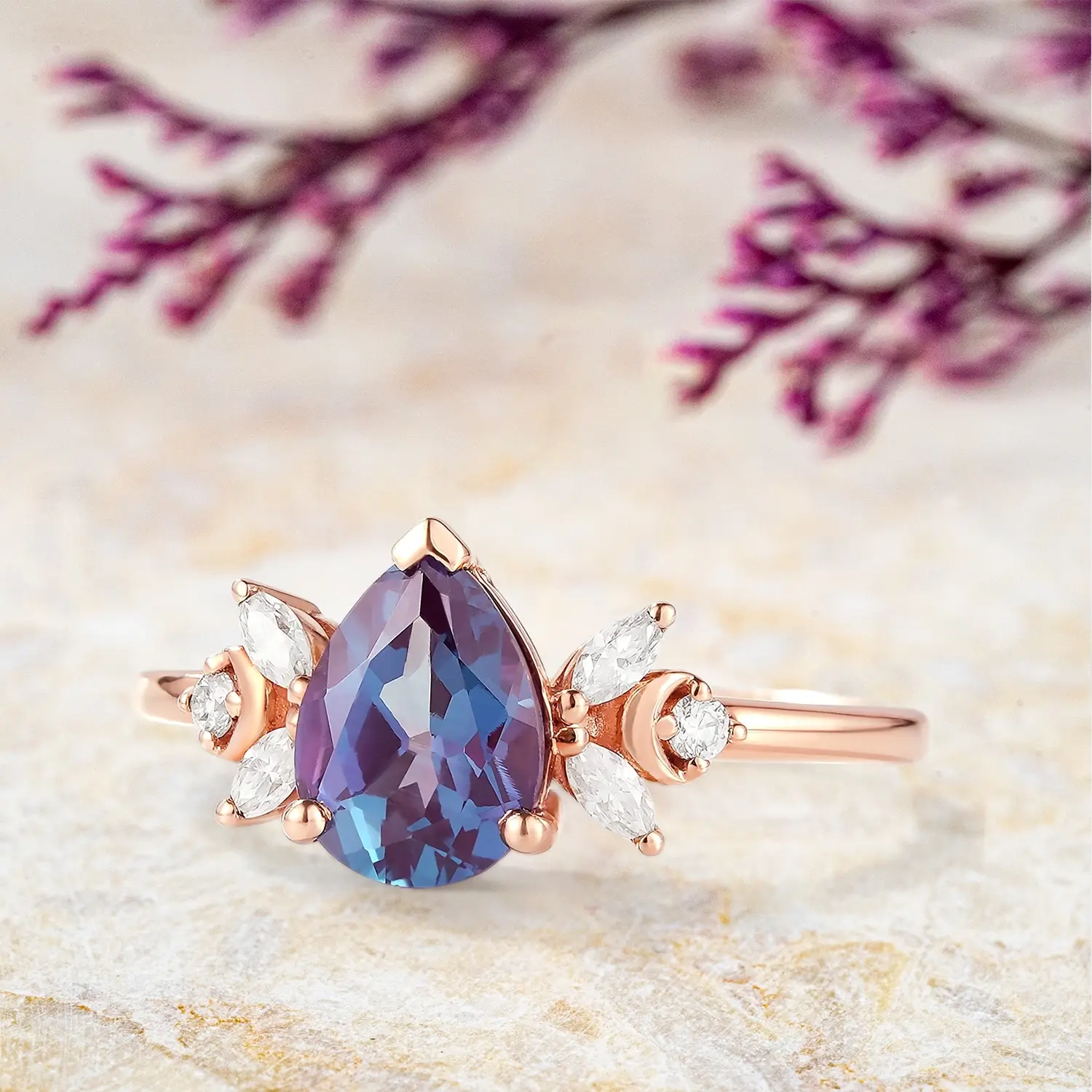 Celestia – Alexandrite and Moissanite Cluster Ring – June Birthstone | orleone