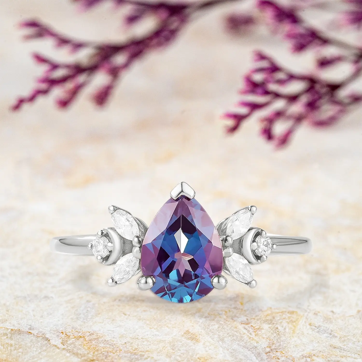 Celestia – Alexandrite and Moissanite Cluster Ring – June Birthstone | orleone white gold
