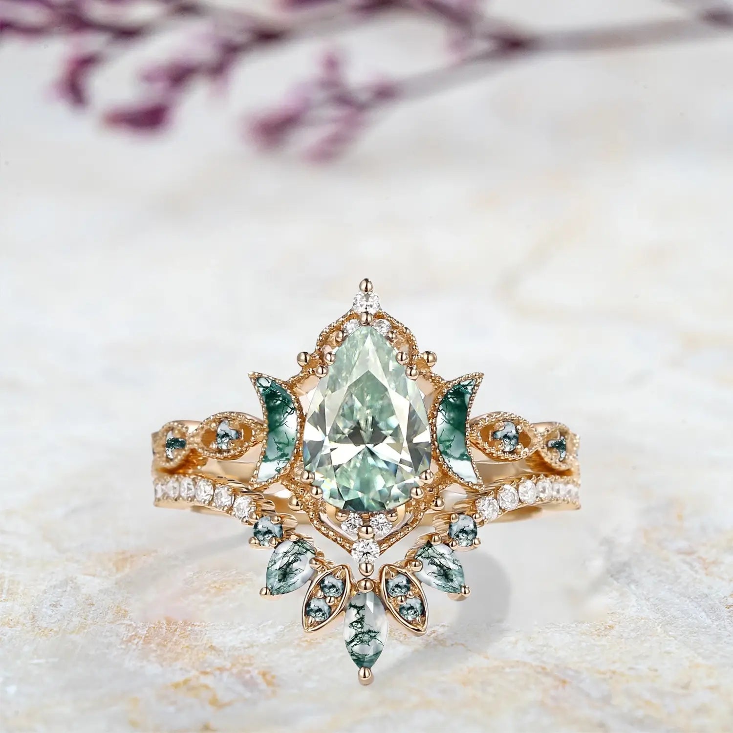 Celestial Bloom – Mint Moissanite Cluster Vintage Moon Engagement Ring Set | orleone custom