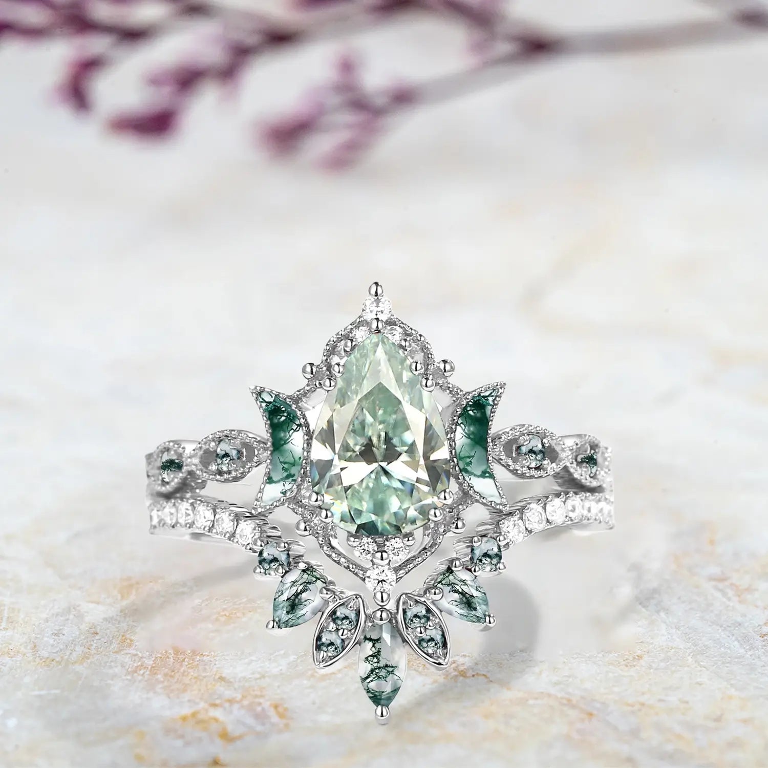 Celestial Bloom – Mint Moissanite Cluster Vintage Moon Engagement Ring Set | orleone custom