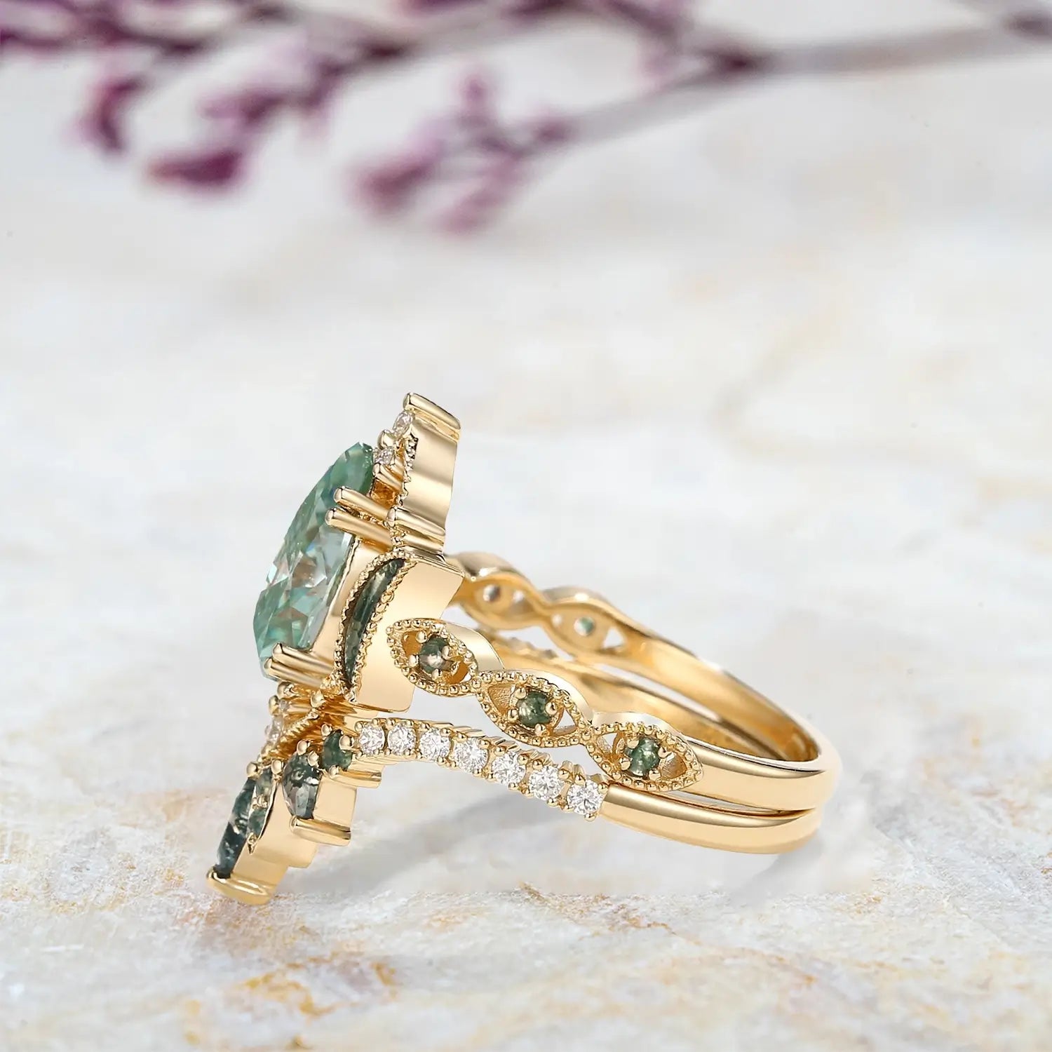 Celestial Bloom – Mint Moissanite Cluster Vintage Moon Engagement Ring Set | orleone custom