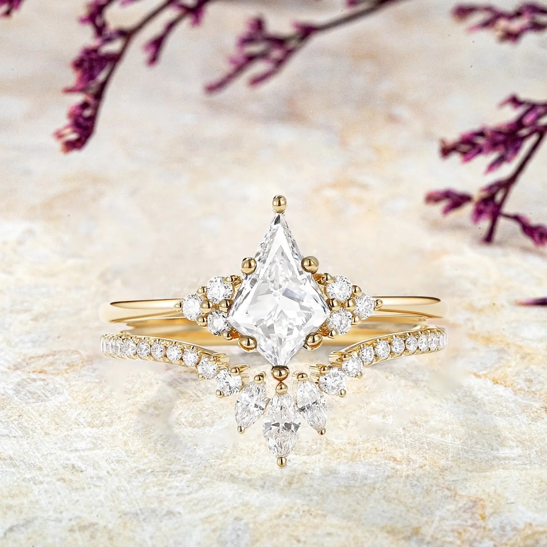 Ethereal Prism – Kite Cut Lab Diamond Cluster Engagement Ring Set_orleone custom jewelry