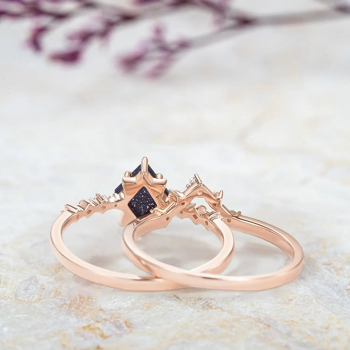 Celestia Nightfall – 2pc Blue Sandstone Vintage Chevron Ring Set yellow gold rings for ladies