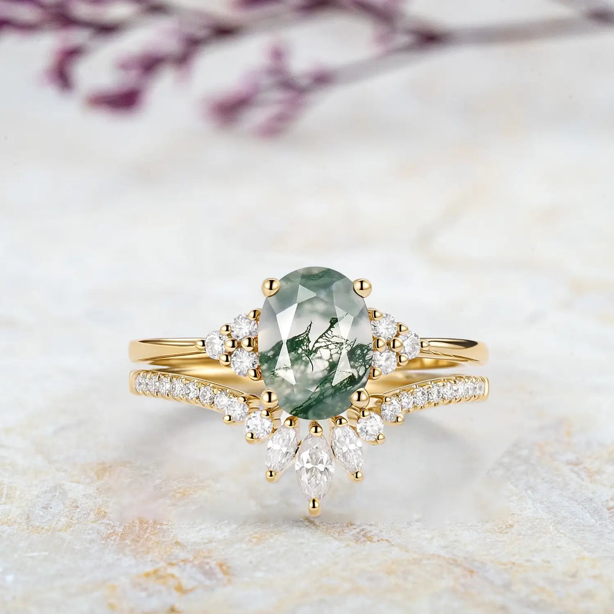 Moss Agate Oval Cluster Bridal Set – Handmade 2pc Moissanite Gold Rings - yellow gold