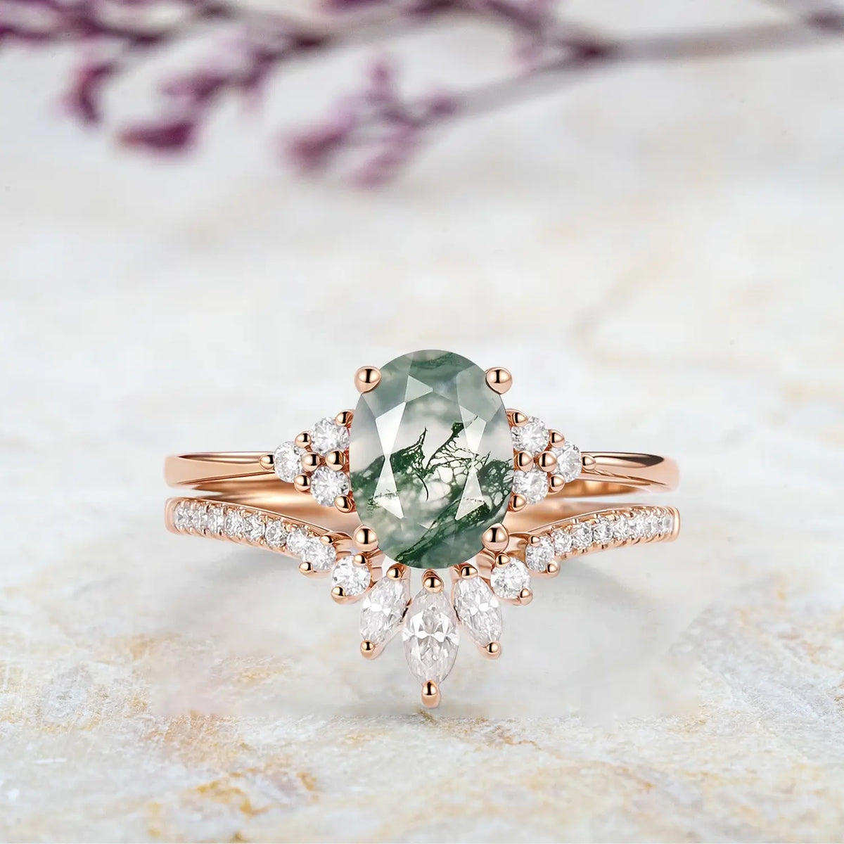Moss Agate Oval Cluster Bridal Set – Handmade 2pc Moissanite Gold Rings for ladies anniversary gift