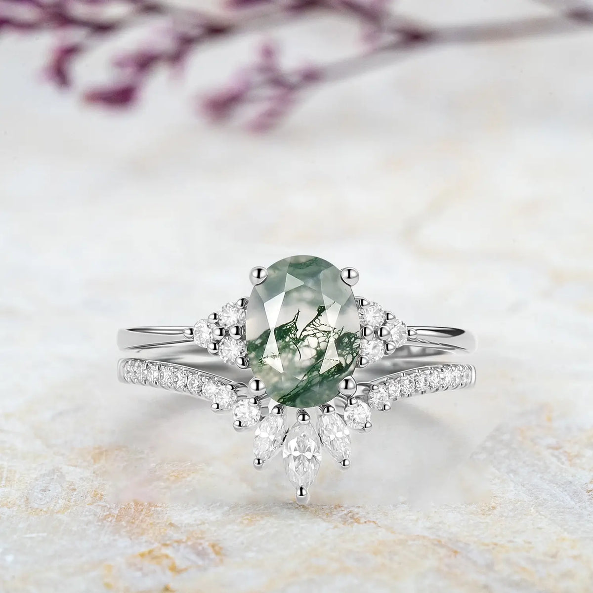 Moss Agate Oval Cluster Bridal Set – Handmade 2pc Moissanite Gold Rings for ladies anniversary gift