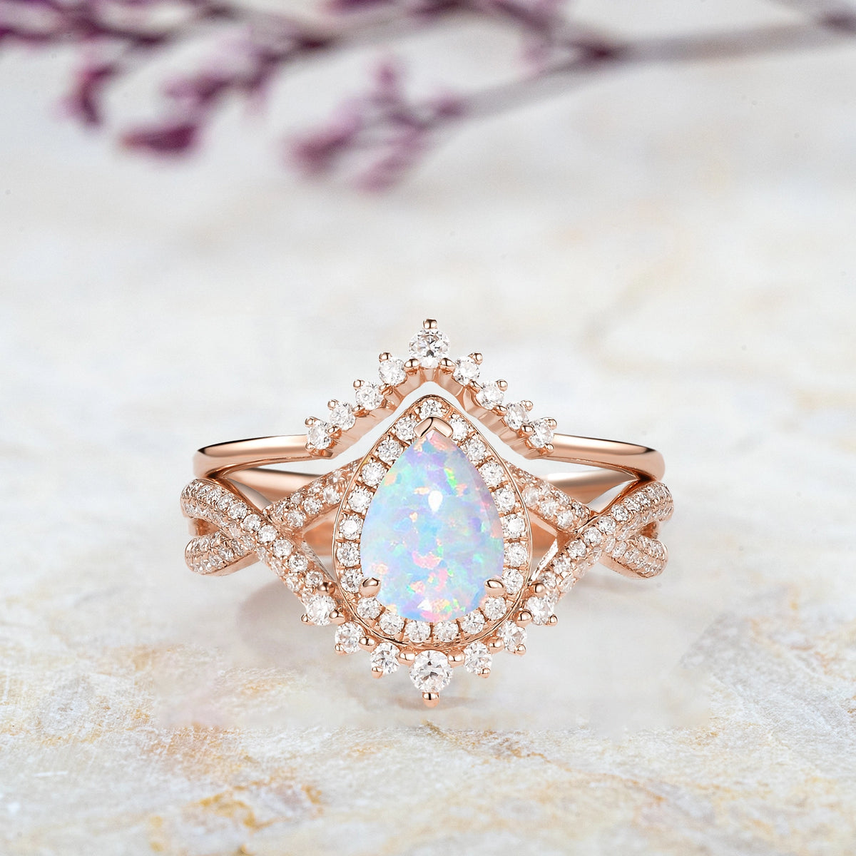 2pc Infinity Halo Opal Engagement Ring Set Pear Cut | orleone jewelry vintage rose gold ring for ladies gift