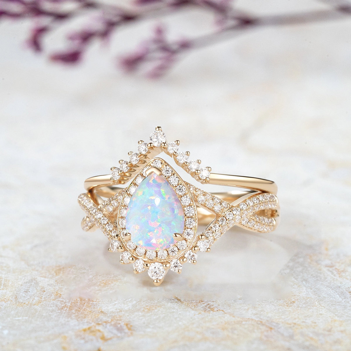 2pc Infinity Halo Opal Engagement Ring Set Pear Cut | orleone jewelry vintage gold ring for ladies gift