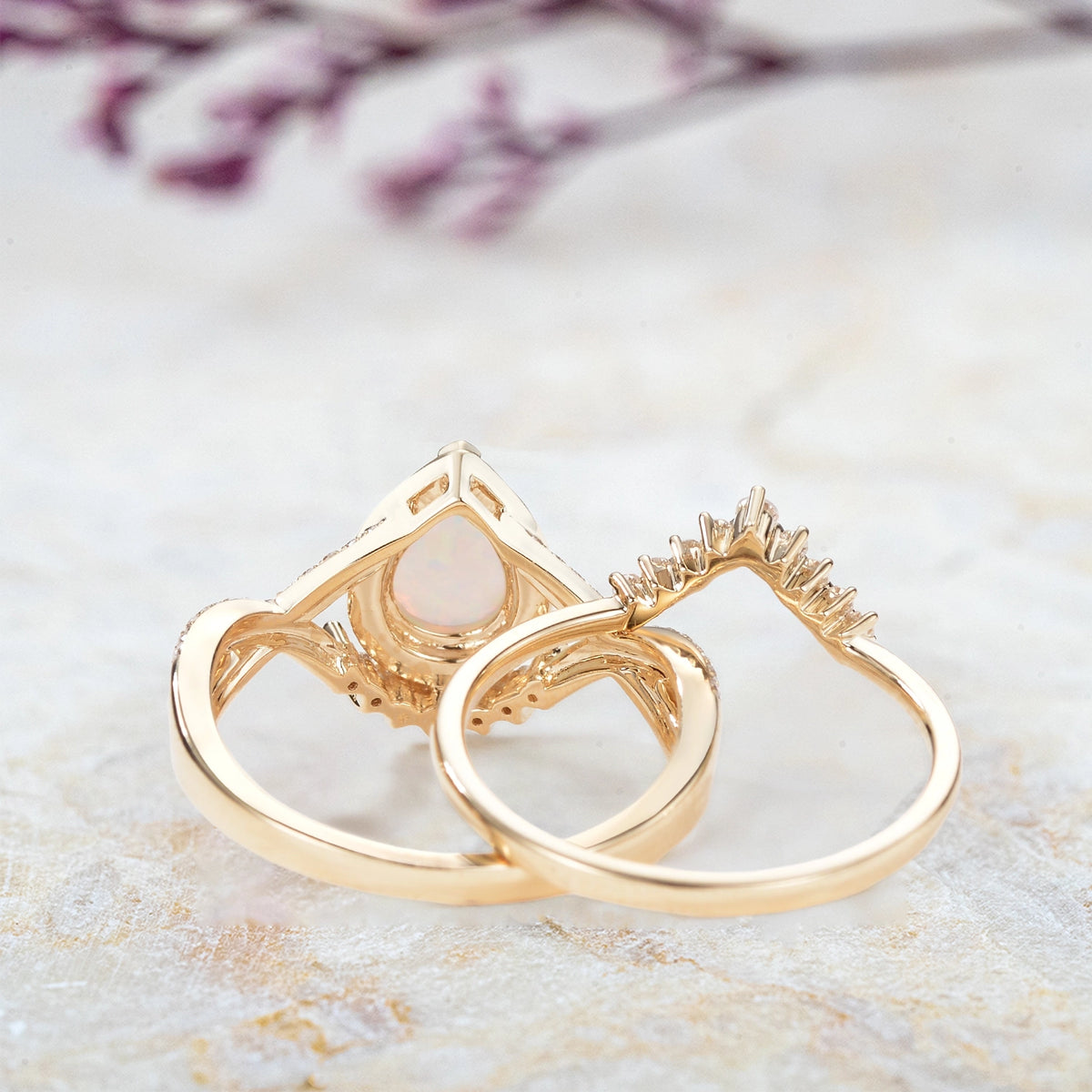 2pc Infinity Halo Opal Engagement Ring Set Pear Cut | orleone jewelry vintage gold ring for ladies gift