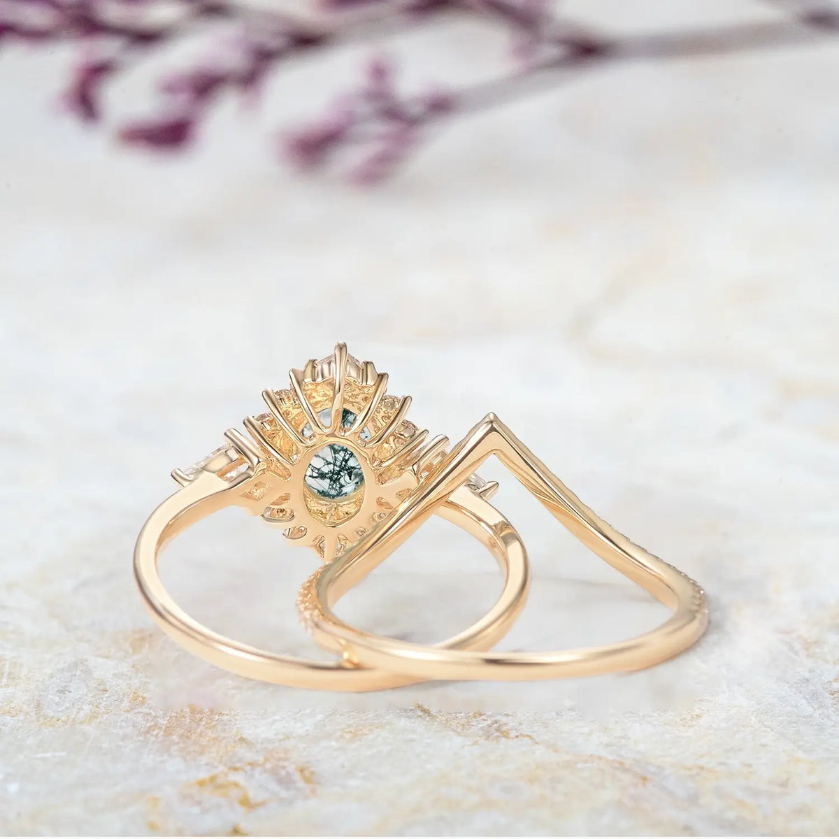 Sylvan Crown – 2pc Moss Agate Oval Halo Ring Bridal Set , custom gold engagement rings for ladies