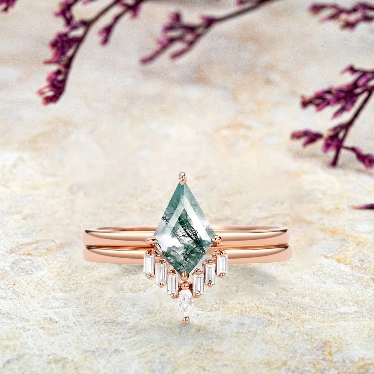 Kite Moss Agate Engagement Ring Set – 2pc Baguette Moissanite in 14k/18k Gold | Handmade Jewelry