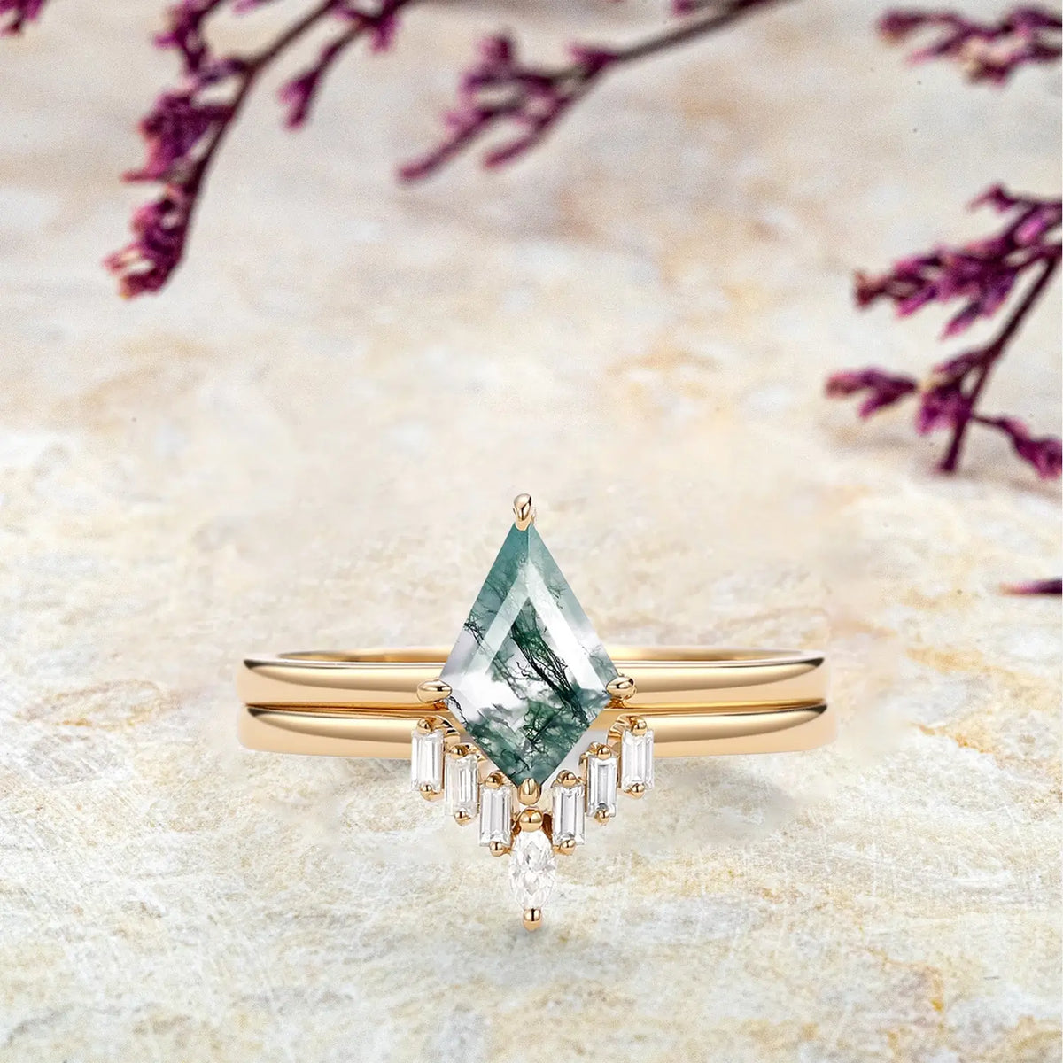 Kite Moss Agate Engagement Ring Set – 2pc Baguette Moissanite in 14k/18k Gold | Handmade Nature-Inspired Jewelry