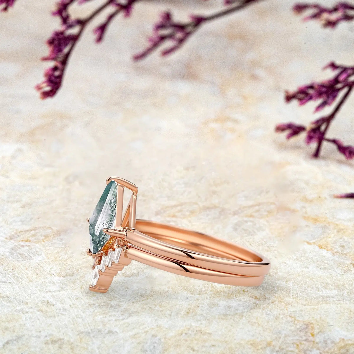 Kite Moss Agate Engagement Ring Set – 2pc Baguette Moissanite in 14k/18k Gold | Handmade Jewelry