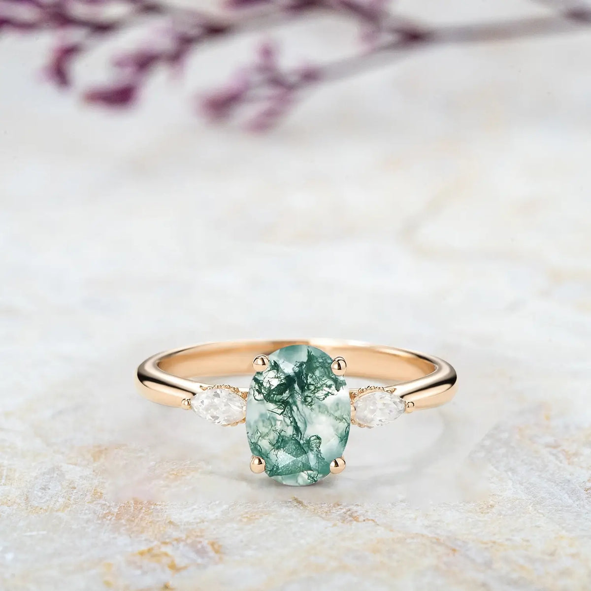 Moss Agate Oval Three Stone Engagement Ring – Hidden Halo Rings