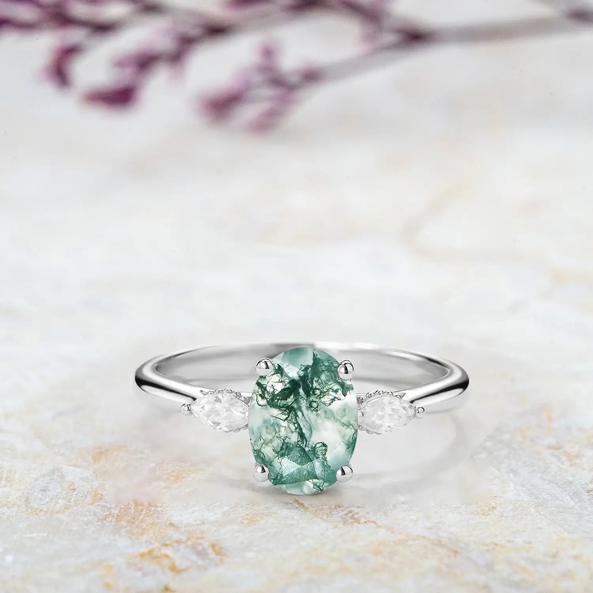 Moss Agate Oval Three Stone Engagement Ring – Hidden Halo Rings white gold