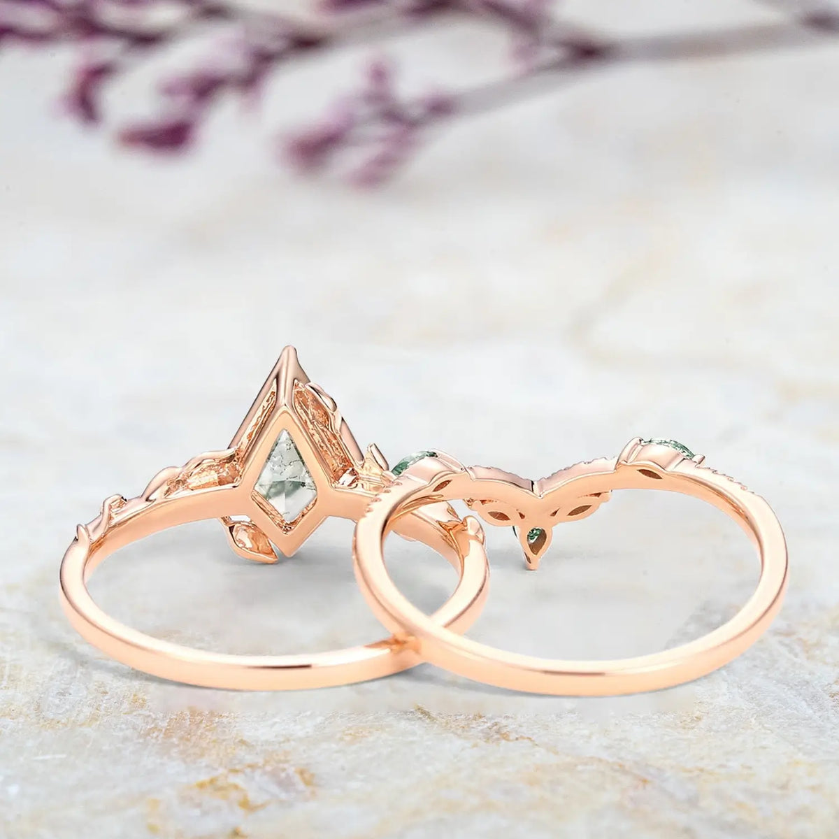 Forest Crown | Moss Agate Kite Leaf Engagement Ring Set – 2pcs Bridal Promise Ring