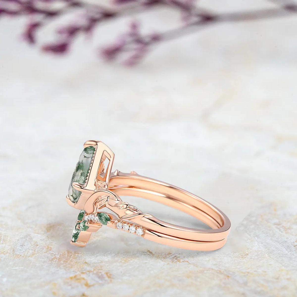Forest Crown | Moss Agate Kite Leaf Engagement Ring Set – 2pcs Bridal Promise Ring