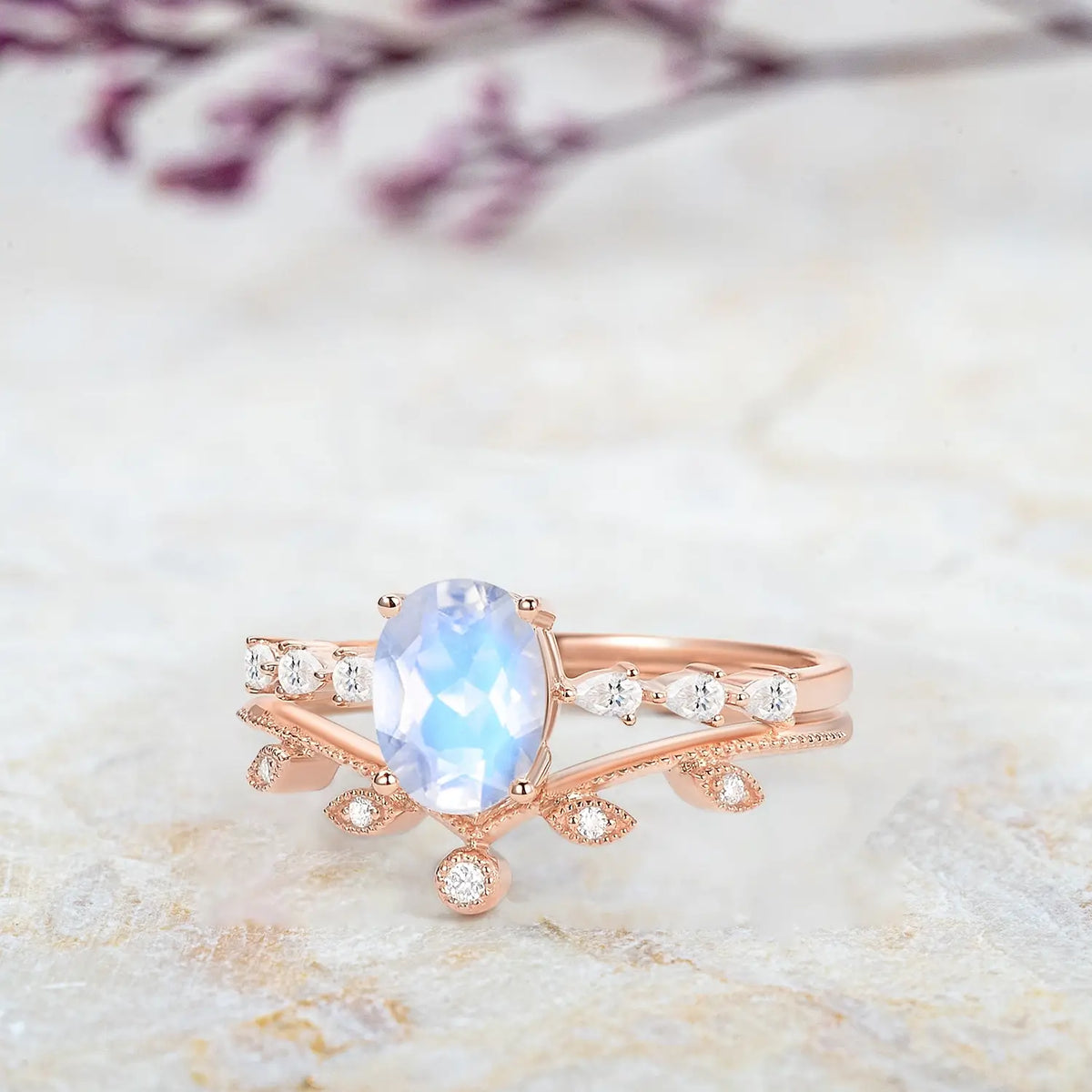 Moonstone Oval Chevron Engagement Ring Set – 2pcs Art Deco Leafy Rings custom yellow gold ring