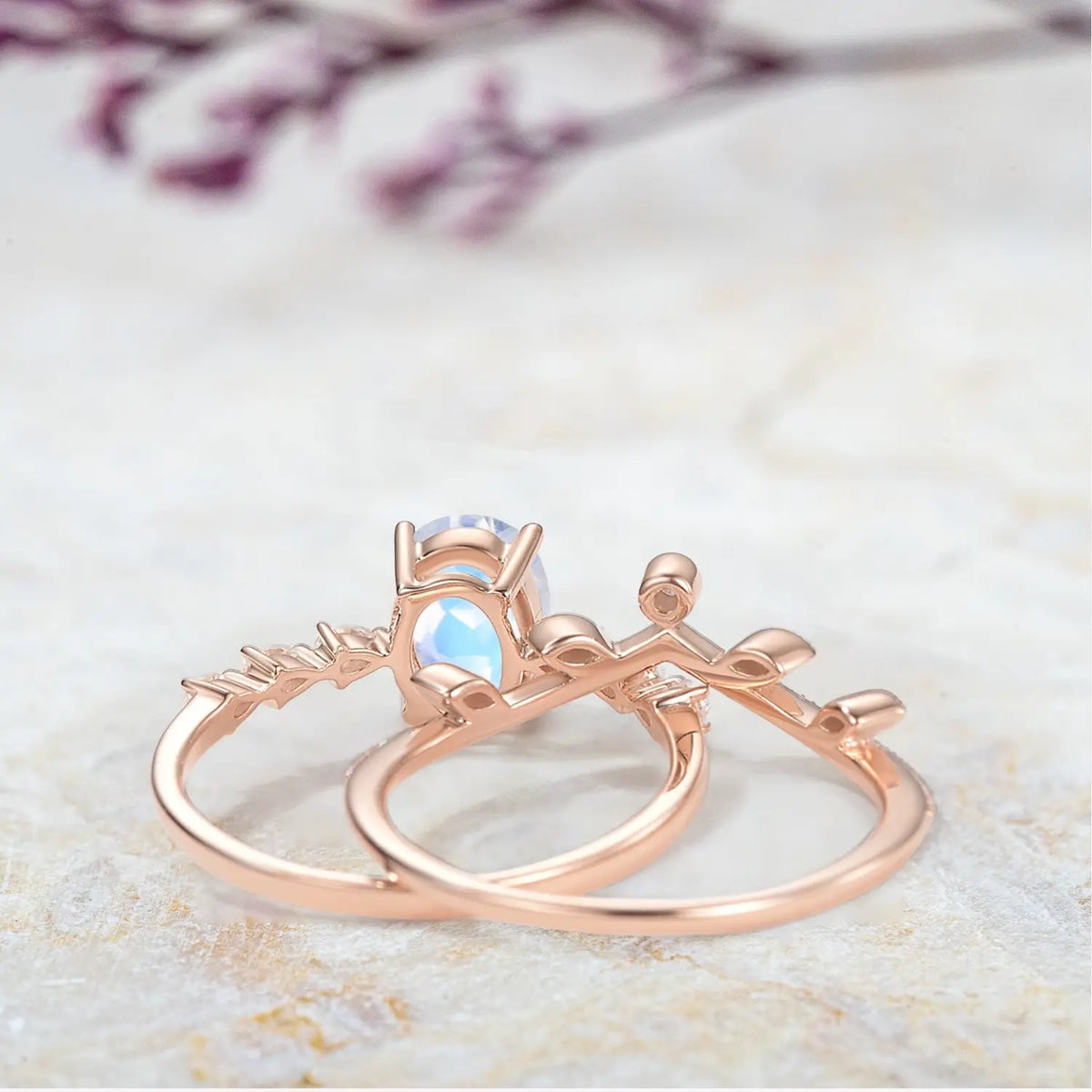 Moonstone Oval Chevron Engagement Ring Set – 2pcs Art Deco Leafy Rings custom yellow gold ring