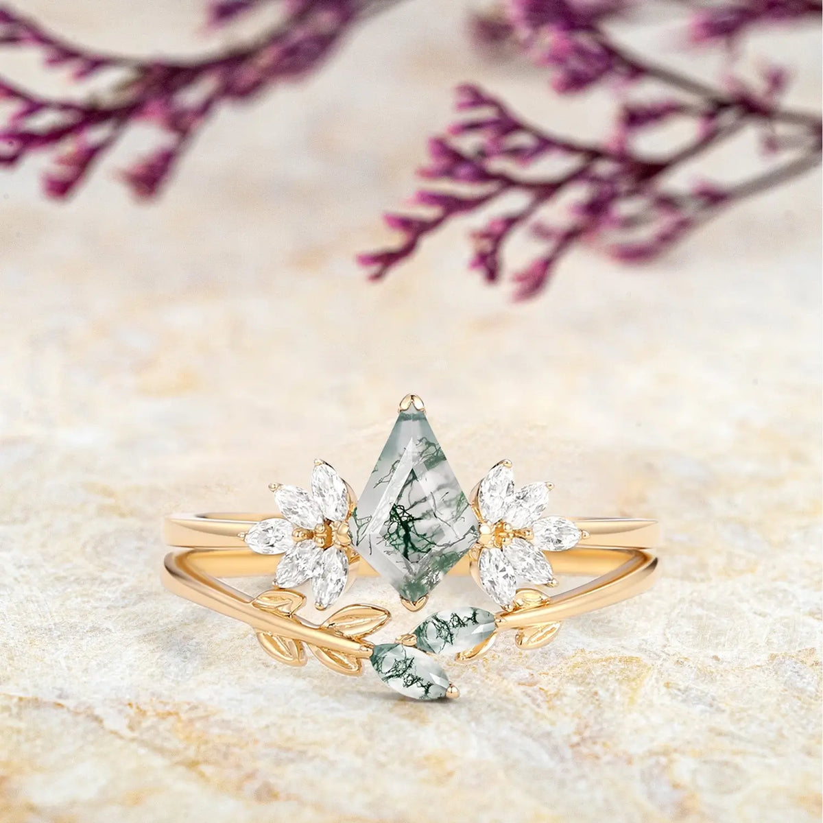 Forest Whisper - Moss Agate Kite Engagement Ring Set – Leafy Bridal Sets 2pcs yellow gold