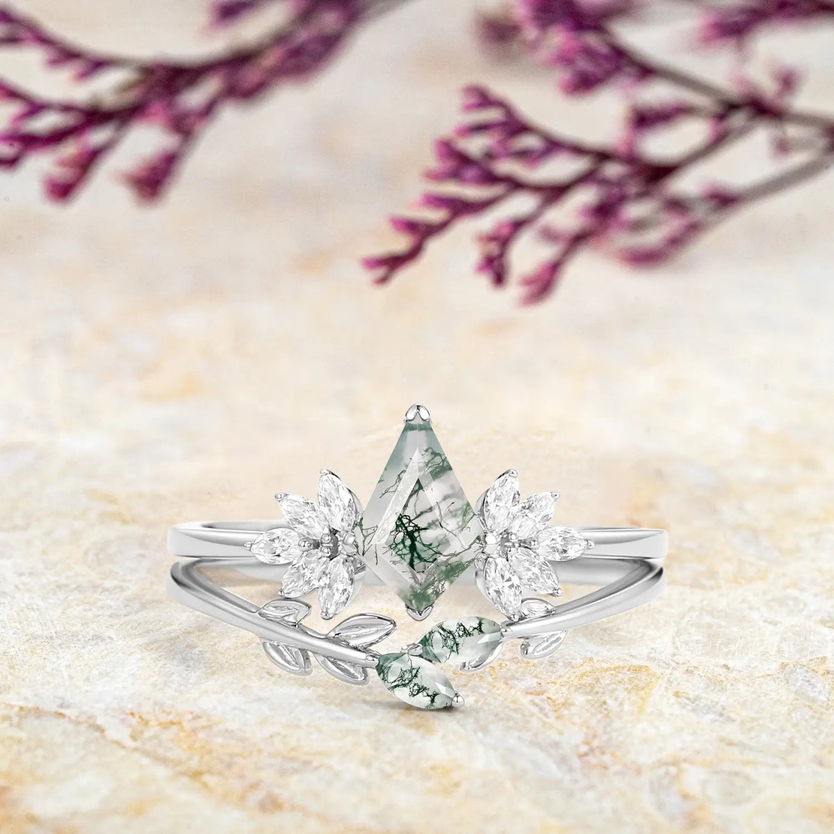 Forest Whisper - Moss Agate Kite Engagement Ring Set – Leafy Bridal Sets 2pcs white gold