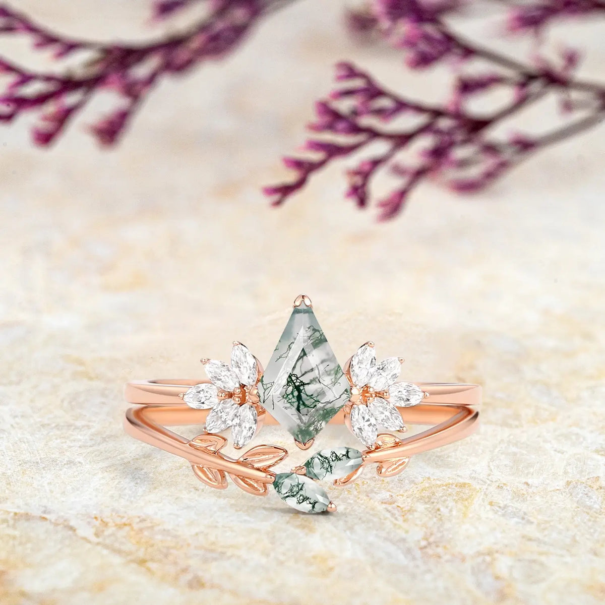 Forest Whisper - Moss Agate Kite Engagement Ring Set – Leafy Bridal Sets 2pcs yellow gold