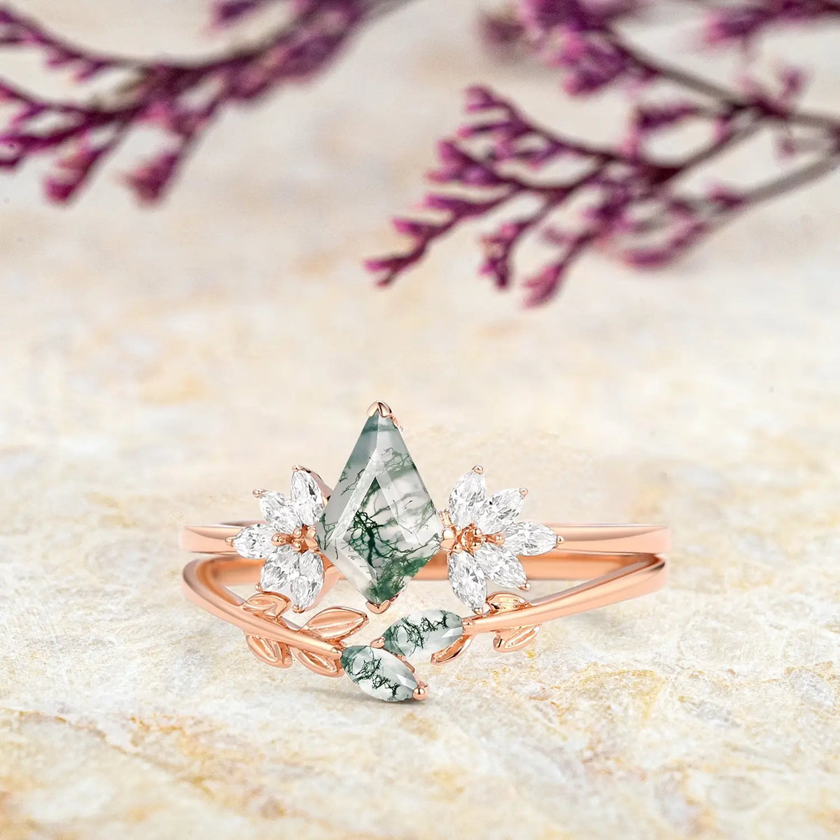 Forest Whisper - Moss Agate Kite Engagement Ring Set – Leafy Bridal Sets 2pcs rose gold