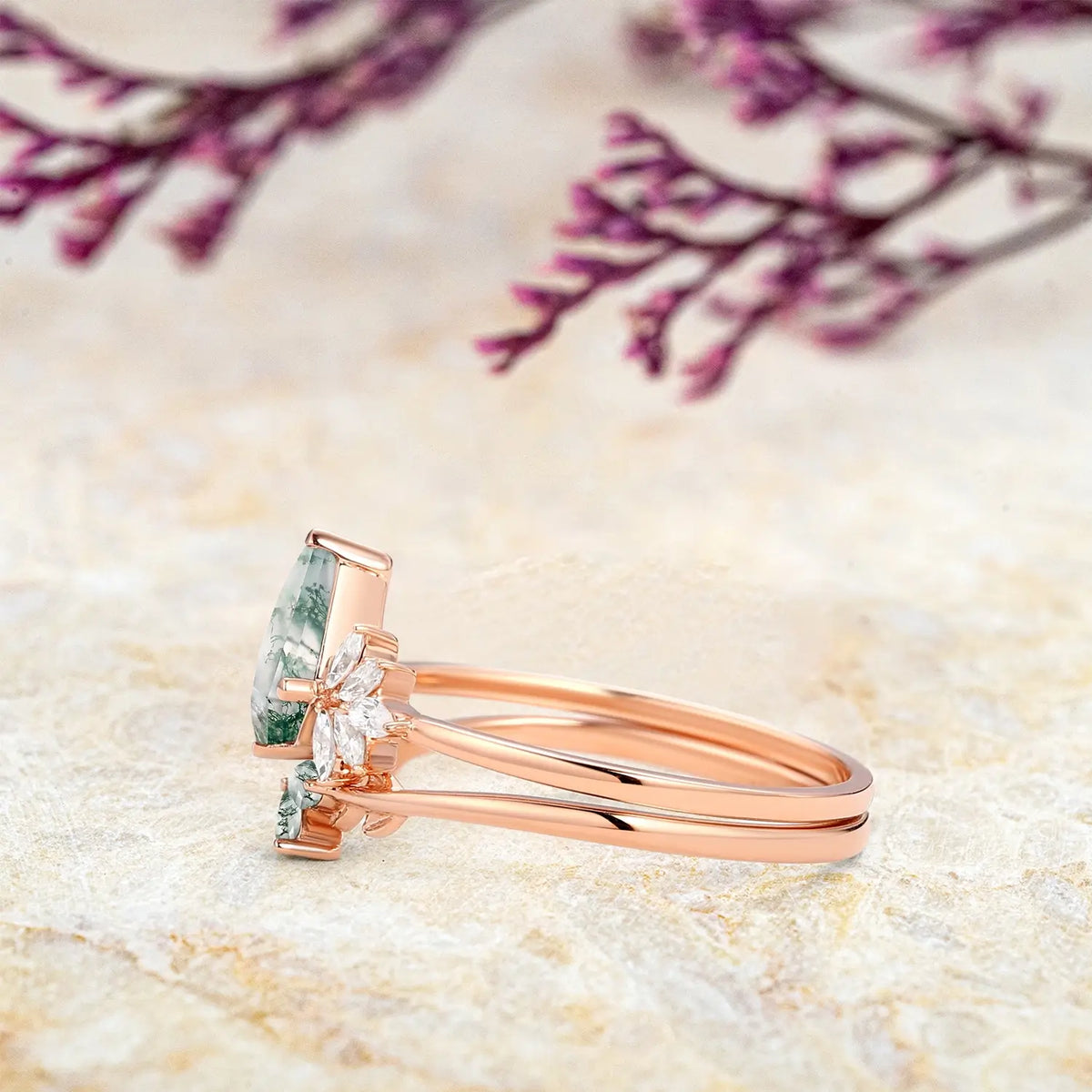 Forest Whisper - Moss Agate Kite Engagement Ring Set – Leafy Bridal Sets 2pcs yellow gold