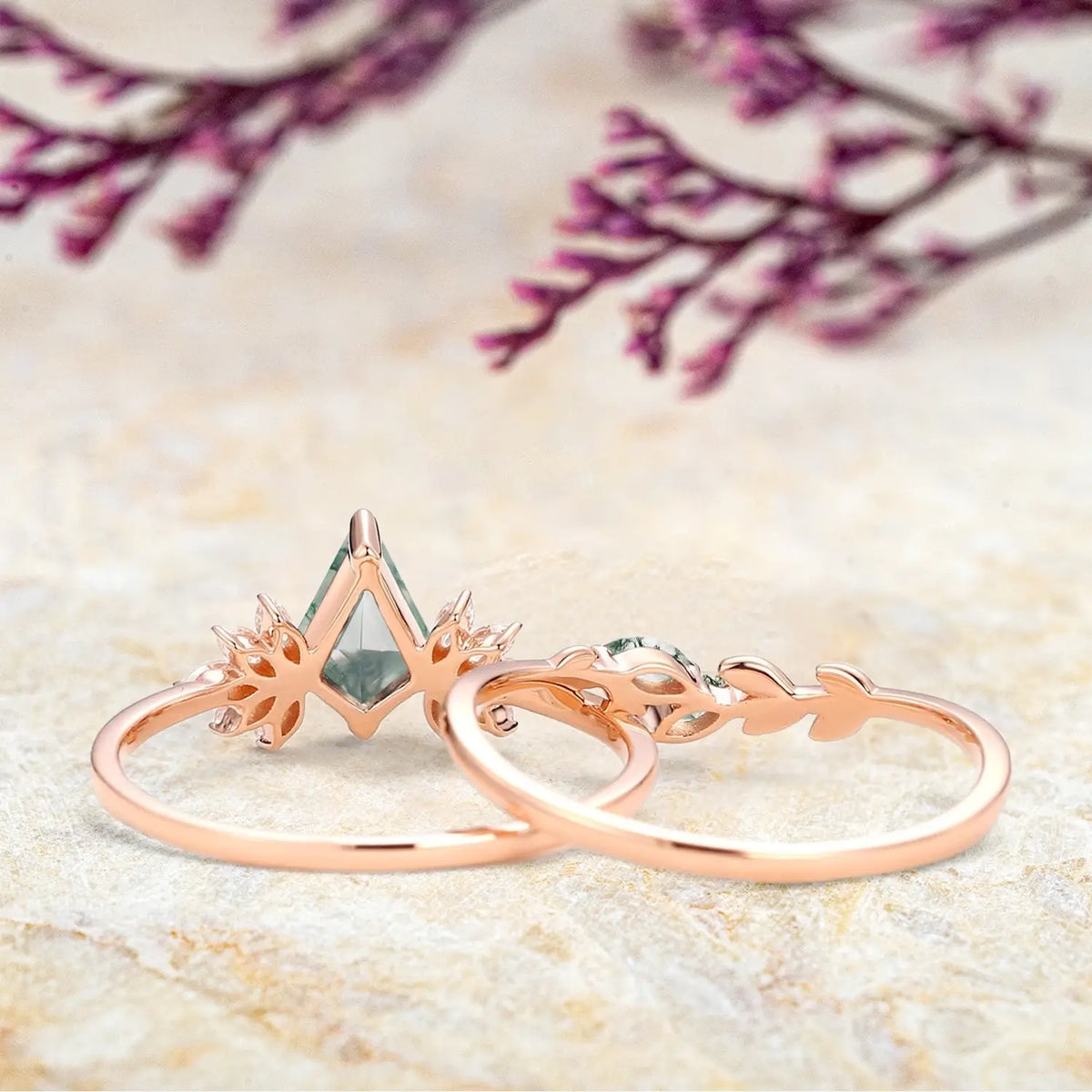 Forest Whisper - Moss Agate Kite Engagement Ring Set – Leafy Bridal Sets 2pcs yellow gold