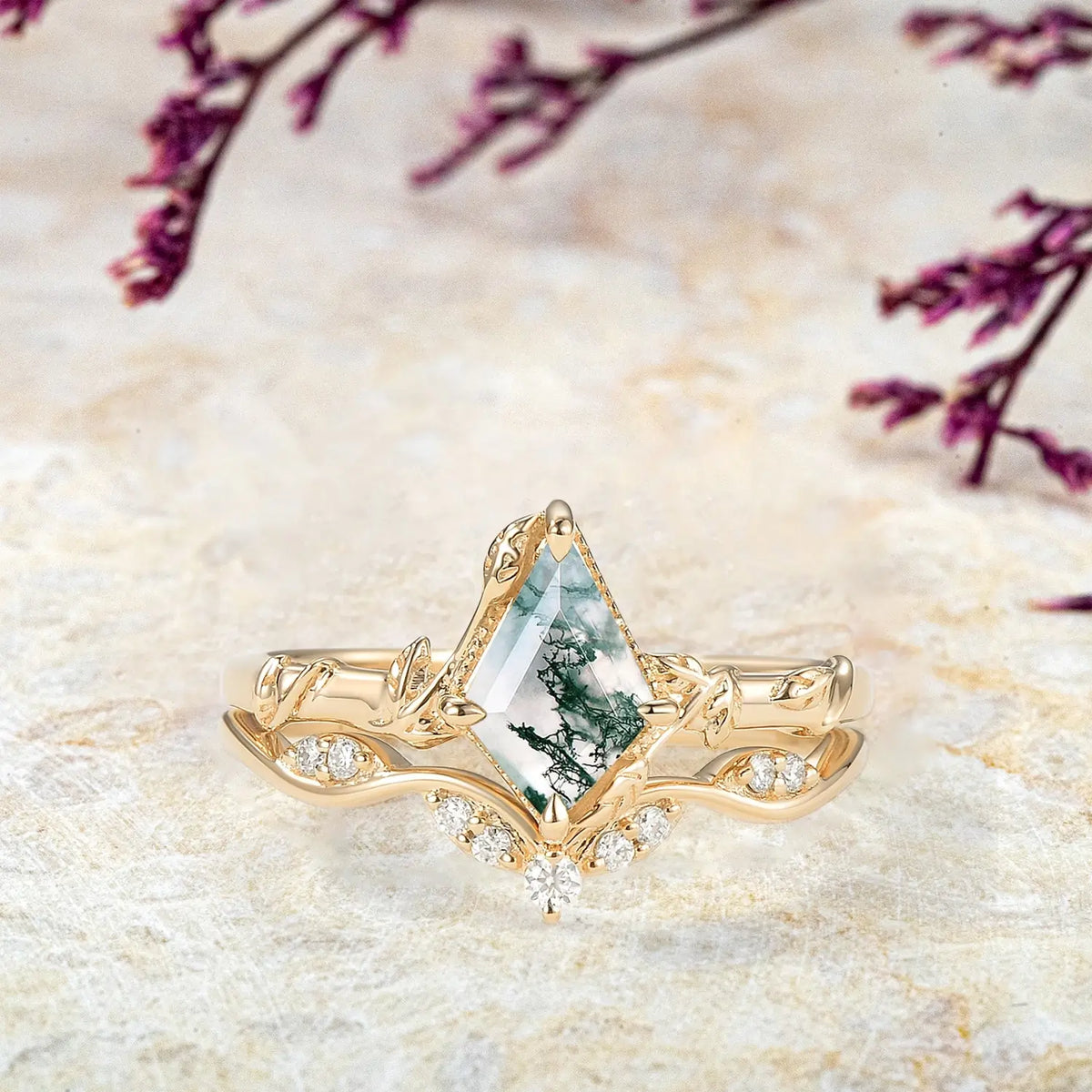 Kite Moss Agate Engagement Ring Set – 2pcs Art Leaf Rings | Enchanted Canopy promise Bridal Sets