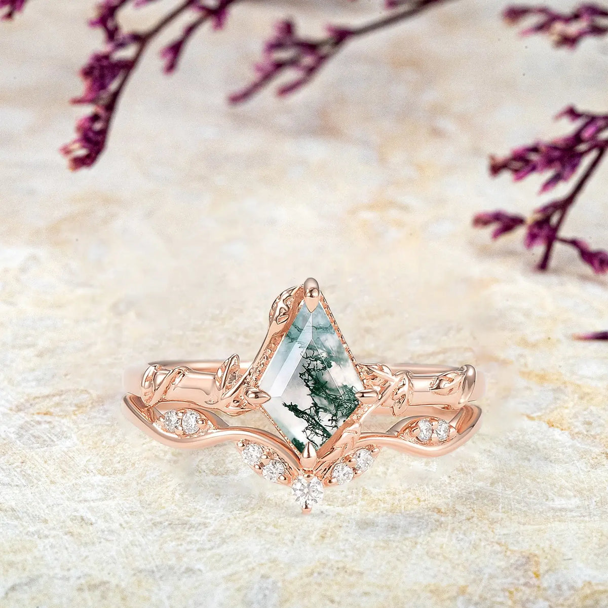 Kite Moss Agate Engagement Ring Set – 2pcs Art Leaf Rings | Enchanted Canopy promise Bridal Sets