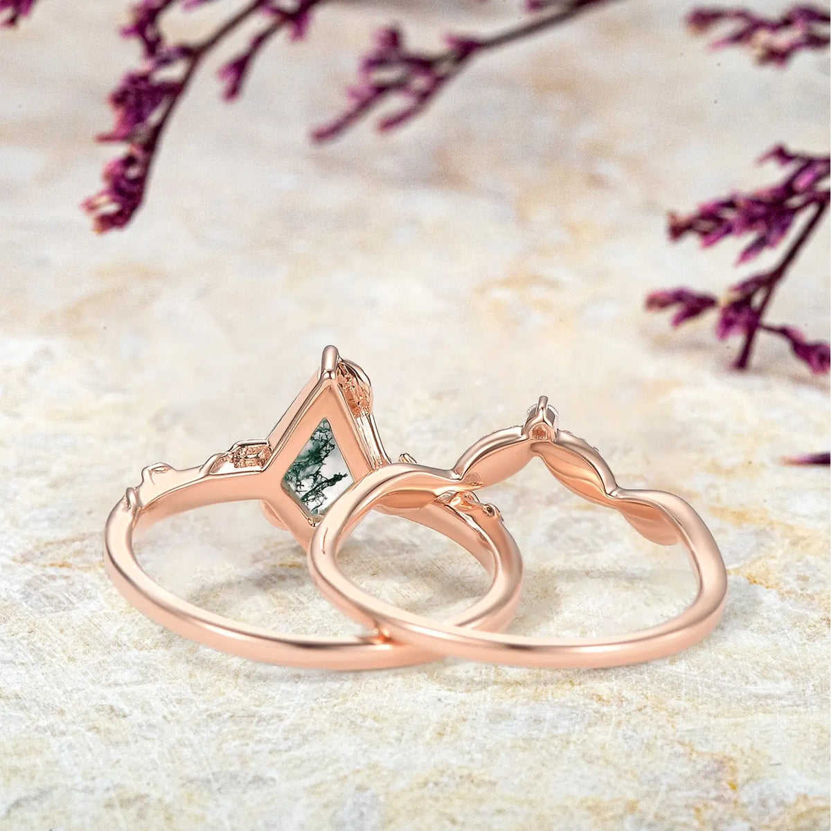 Kite Moss Agate Engagement Ring Set – 2pcs Art Leaf Rings | Enchanted Canopy promise Bridal Sets