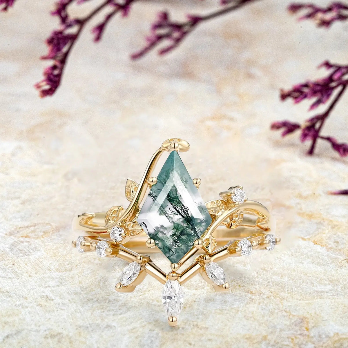 Moss Agate Engagement Bridal Ring Set – 2pcs Leaf Rings Whispers of the Grove | handmade custom jewelry gold ring