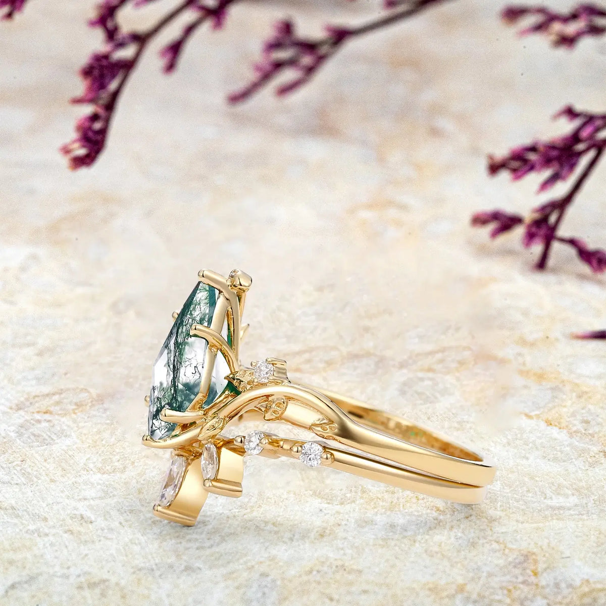 Moss Agate Engagement Bridal Ring Set – 2pcs Leaf Rings Whispers of the Grove | handmade custom jewelry gold ring