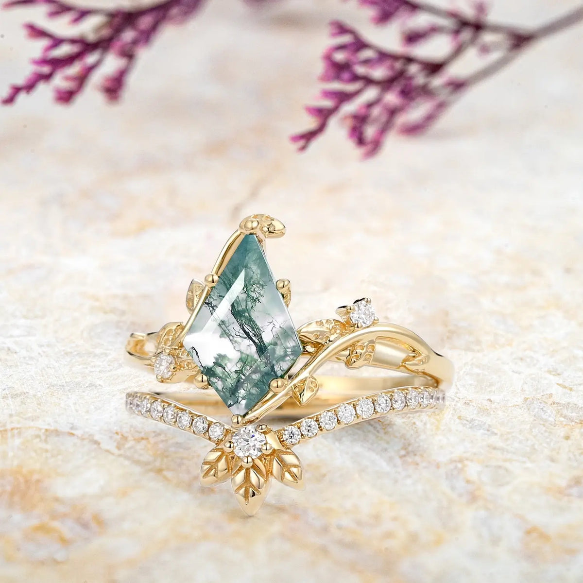 Moss Agate Bridal Sets – 2pcs Rose Gold Luxury Art Leaf Rings | Forest Vow in Bloom orleone yellow gold jewelry