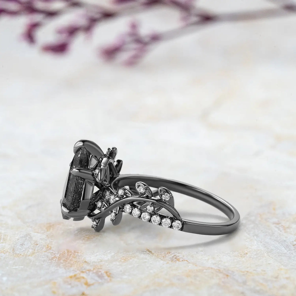 Kite Cut Black Rutilated Quartz Engagement Ring –Pave Leaf Rings Black Gold