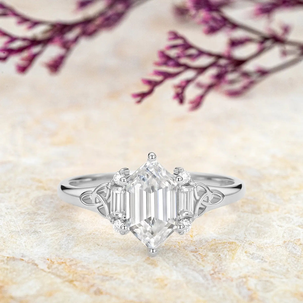 Hexagon Moissanite Floral white Gold Engagement Ring | Handmade Jewelry orleone